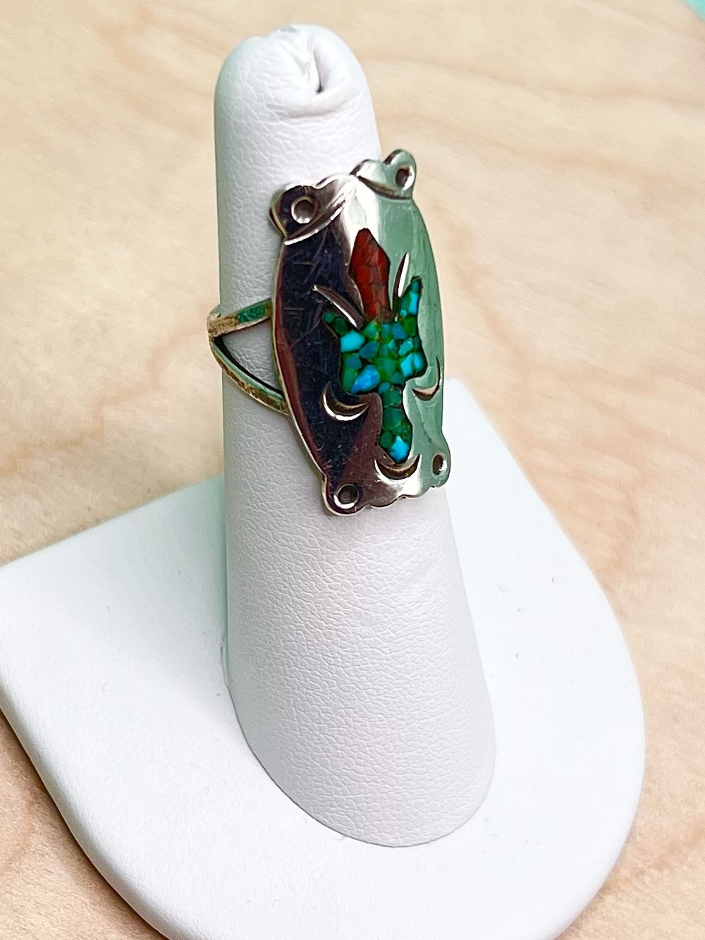 Vintage Native American, Sterling Silver Mosaic Gemstone Size 6 Turquoise Coral